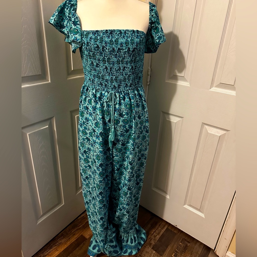 B.O.G. Collective Boho Smocked Floral Off-The-Shoulder Wide Leg Flare Jumpsuit